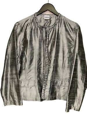 Chicos Size Lightweight Silver Grey Open Front 100% Silk Jacket Women's  Medium