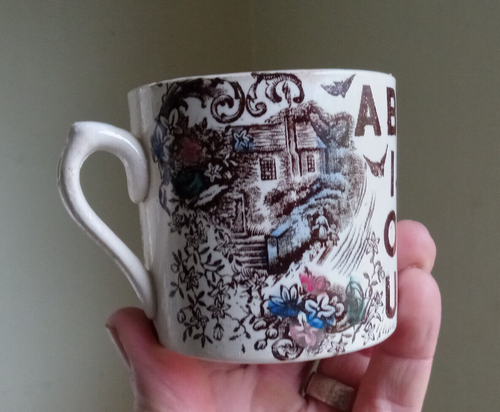 1880s STAFFORDSHIRE ABC MUG CHILD'S ALPHABET CUP WITH APPLIED HANDLE COLORFUL - Picture 3 of 8