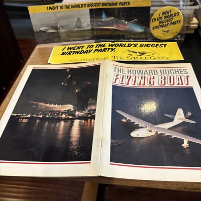 SPRUCE GOOSE BIRTHDAY PARTY: Post Card Sticker Pin & HOWARD HUGES FLYING BOAT