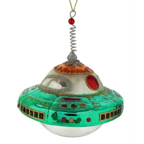 FLYING SAUCER GLASS ORNAMENT 4.5" UFO Retro Sci Fi Spaceship Christmas Tree - 第 1/2 張圖片