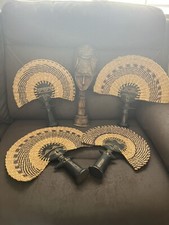 4 Handheld Manuai Fan-Wall Decor-Semi Circle-Bamboo W/Decorative Wood Statue