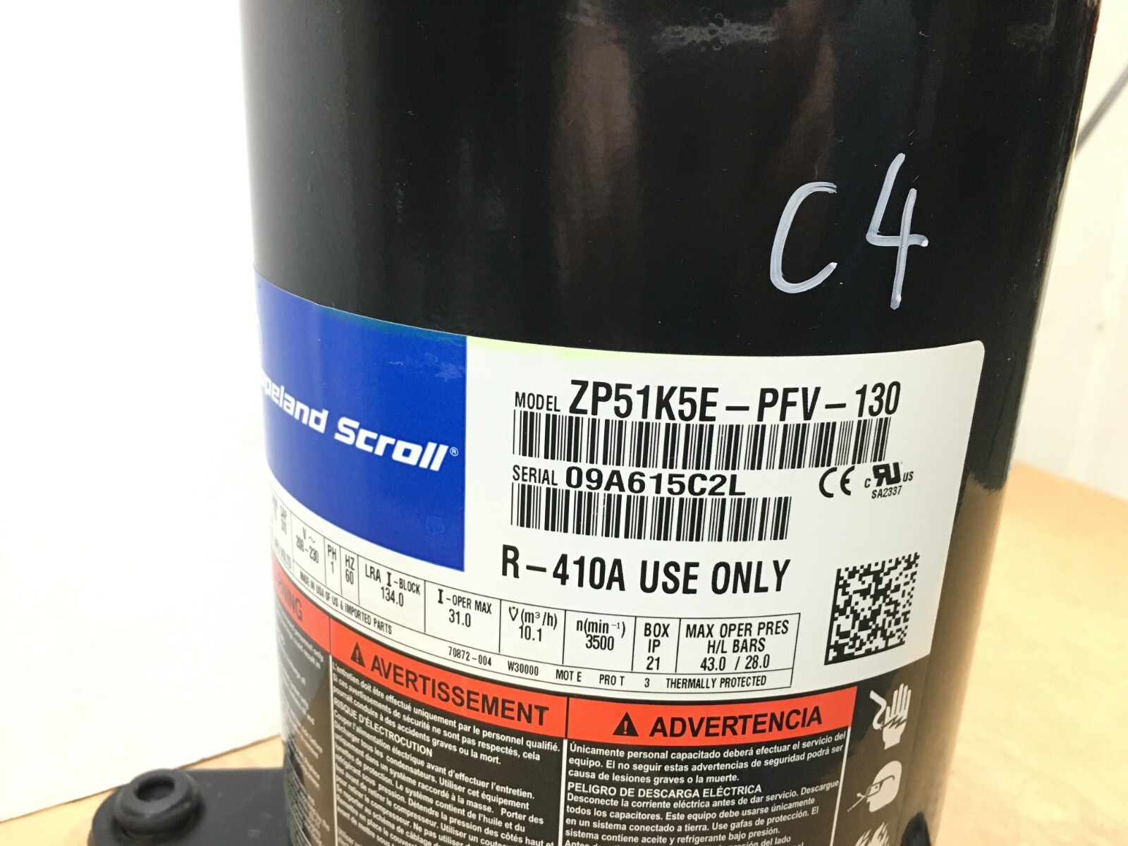 Copeland ZP51K5EPFV130 Scroll Compressor 1 PH 230V for R410A only