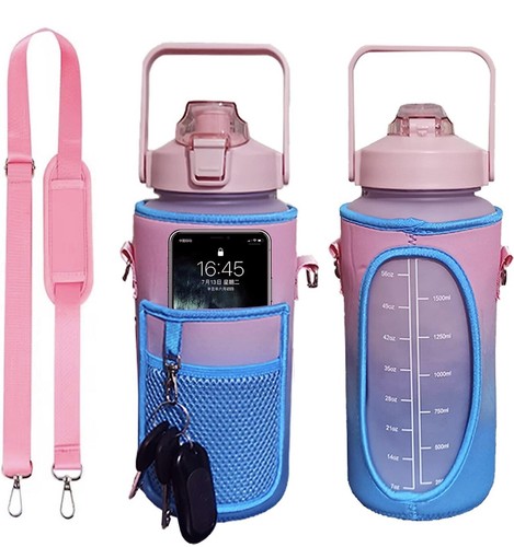 64oz Half Gallon Water Bottle With Sleeve, Water Bottles with Time Marker/Straw/