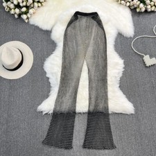 Ladies Solid Sheer Hollowed Out Pants Shiny Rhinestone Trousers Loose Clubwear
