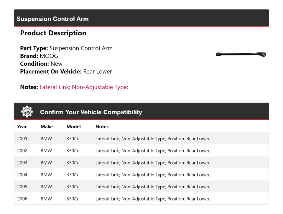 Para 2001-2006 BMW 330Ci braço de controle de suspensão traseiro inferior MOOG 2001 2002 2003 - Imagem 2 de 4