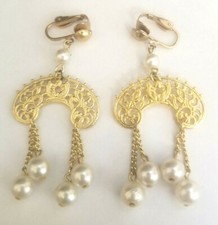 Pearl Dangle Drop Panel Swirl Earrings Clip On Closure Gold tone Unused
