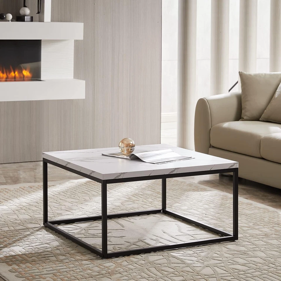 Mesa de centro cuadrada duradera de mármol sintético de 30" con acento de patas de metal para sala de estar Foto 4 de 4