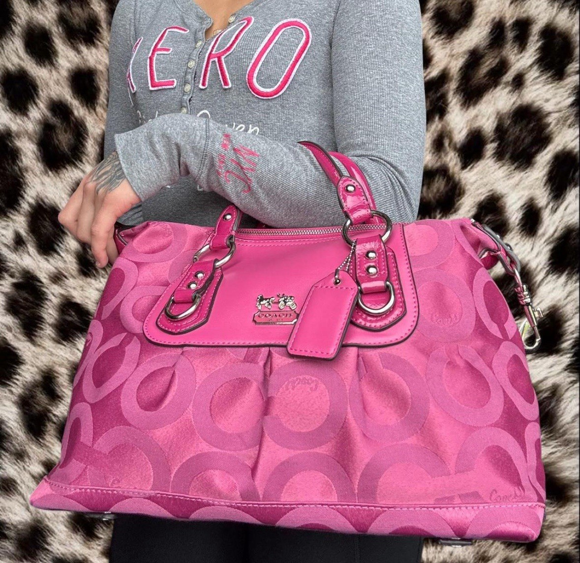 Vintage Coach Pink Madison Satchel Handbag Op Art Print Canvas