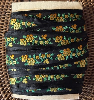 8 yards x 3/4  - 100% Silk Jacquard Ribbon, Vintage, Green, Gold on Black Floral