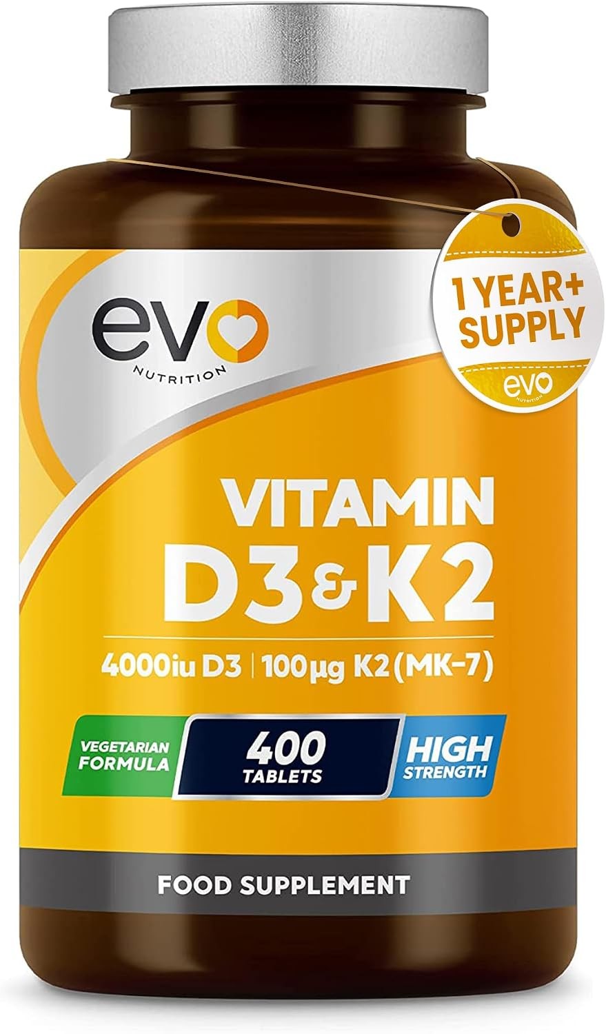 EVO Nutrition Vitamin D3 4000IU & K2 100mcg MK7, 400 Vegetarian Tablets