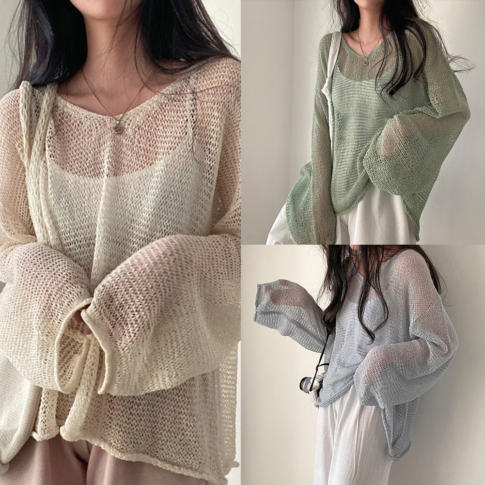 Korean Style Hollow Knitted Cover Up Shirt for Women in Grey Apricot Green