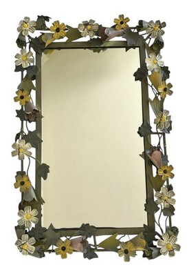 Vintage Tole Mirror Rectangular with Metal Floral and Vine Border