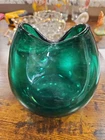 Vintage Blenko Emerald Green Pinched Art Glass Double Spout Vase Mid Century MCM