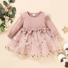 Baby Girl Pink Flower Mesh Princess Dress Long Sleeve Spring Autumn Outfit 0-3Y