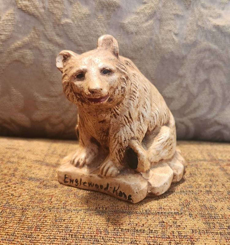 Vintage 1920s Souvenir Chalkware Sitting Bear Figurine Englewood Kansas Travel 