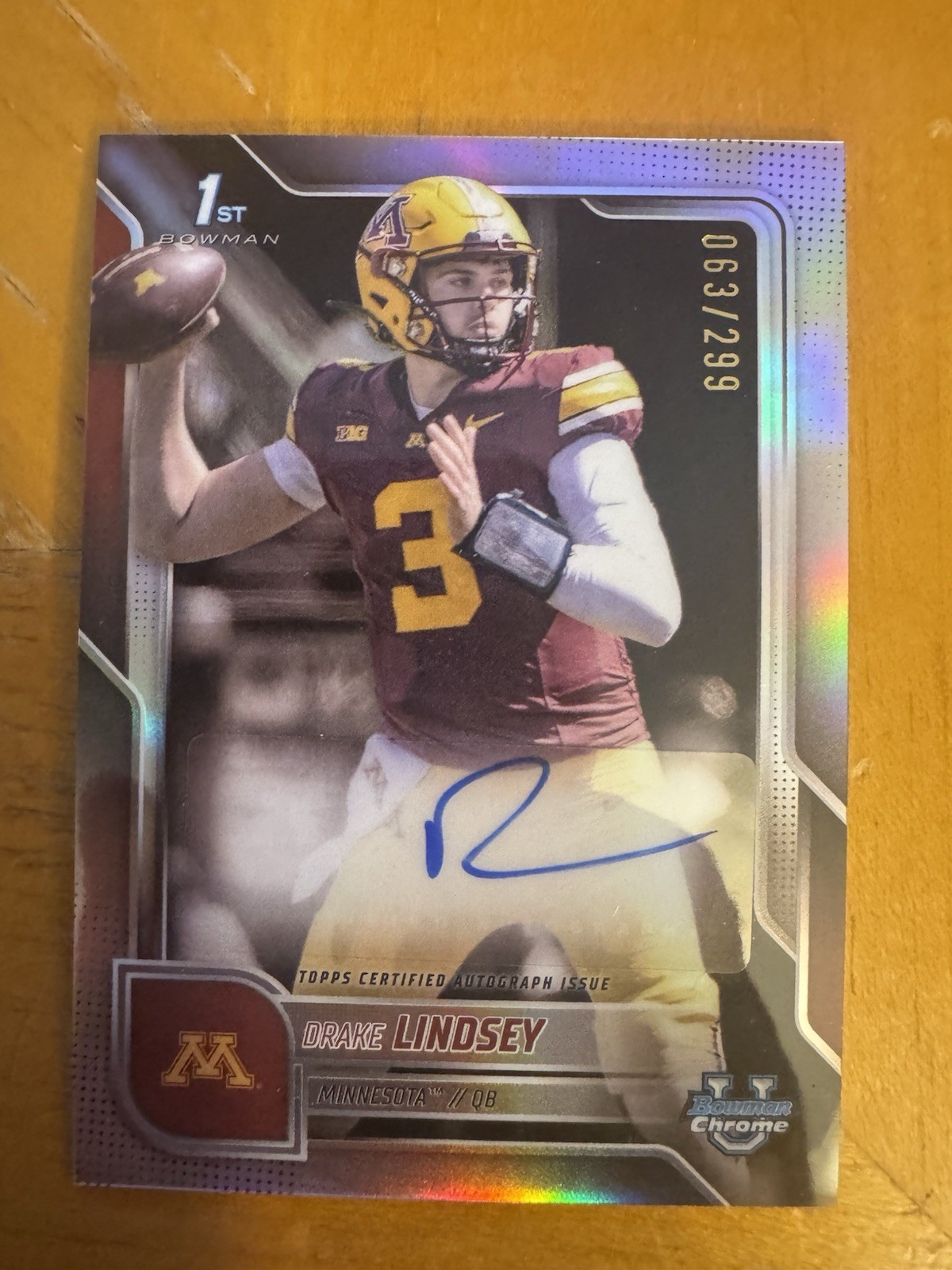 2025 Bowman Chrome University Drake Lindsey, Minnesota 1st AUTO Refractor /299