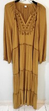 Old Navy Womens XL ‘LS Tiered Midi Celandin’ Gold Cottagecore Boho Embroidered
