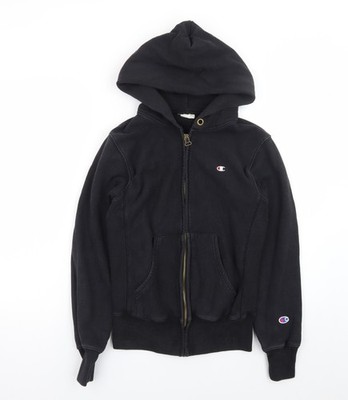 Champion Herren Hoodie schwarz klein durchgehender Reißverschluss Reverse Weave Vintage