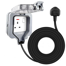 Weatherproof Outdoor Socket 1 Gang 15M Extension Wire 13A Plug IP66 Gray Black
