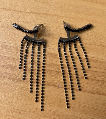 Black Ear Jacket Rhinestone Fringe Earrings Waterfall Statement Jewelry