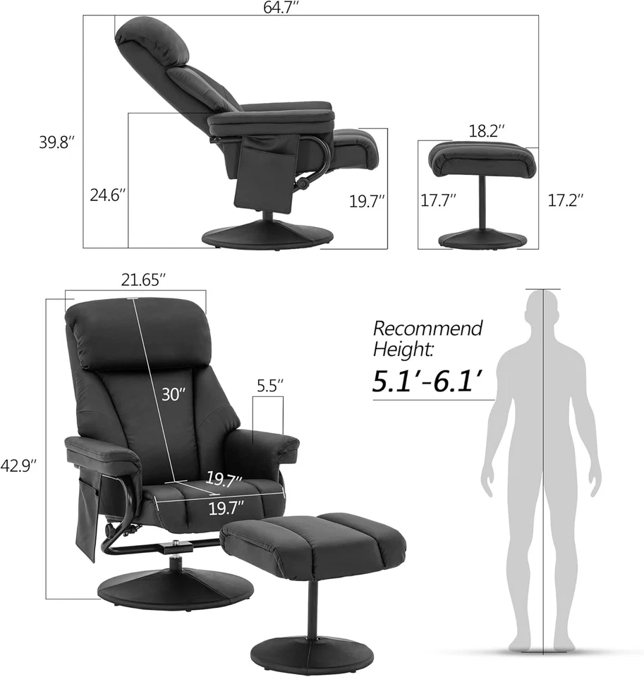 旋转躺椅带奥斯曼,电视椅带振动按摩,非常适合房车 Smal — 第 3/4 张图片