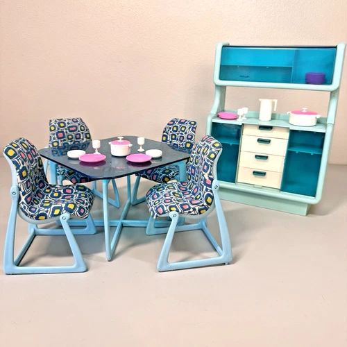 Vtg 1978 Barbie Dream Furniture Blue Dining Table & Chairs #2475 Buffet  #2470