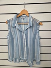 NEXT LADIES BLUE/WHITE RUFFLE TRIM SLEEVELESS BLOUSE SIZE 10 (REF 859)