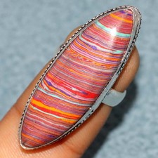 Pretty Marquise Rainbow Calsilica 925 Silver Plated Ring US 6 Ethnic Gift AU Q54