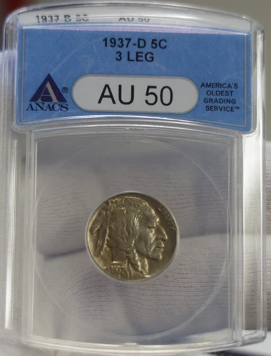 1937 D 3 Legged Buffalo Nickel 5c ANACS AU50
