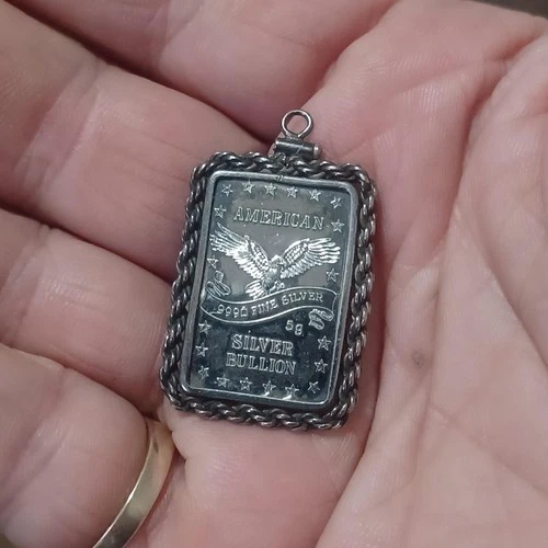 999 Silver Vintage American Silver Bullion 5g bar with bezel pendant