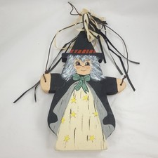Vintage Wooden Halloween Witch Wall Hanging Hand Painted Folk Art Sign