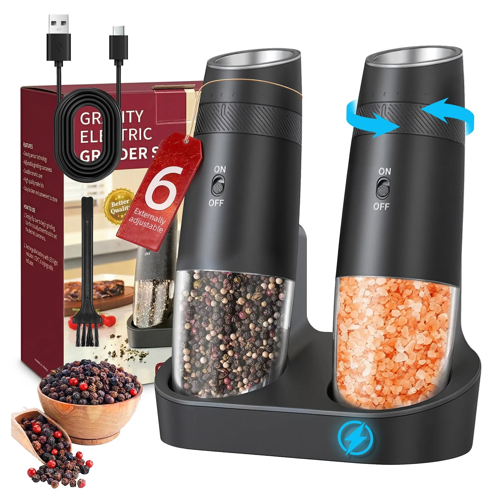 Gravity Electric Salt and Pepper Grinder Set Rechargeable Automatic Shakers M...