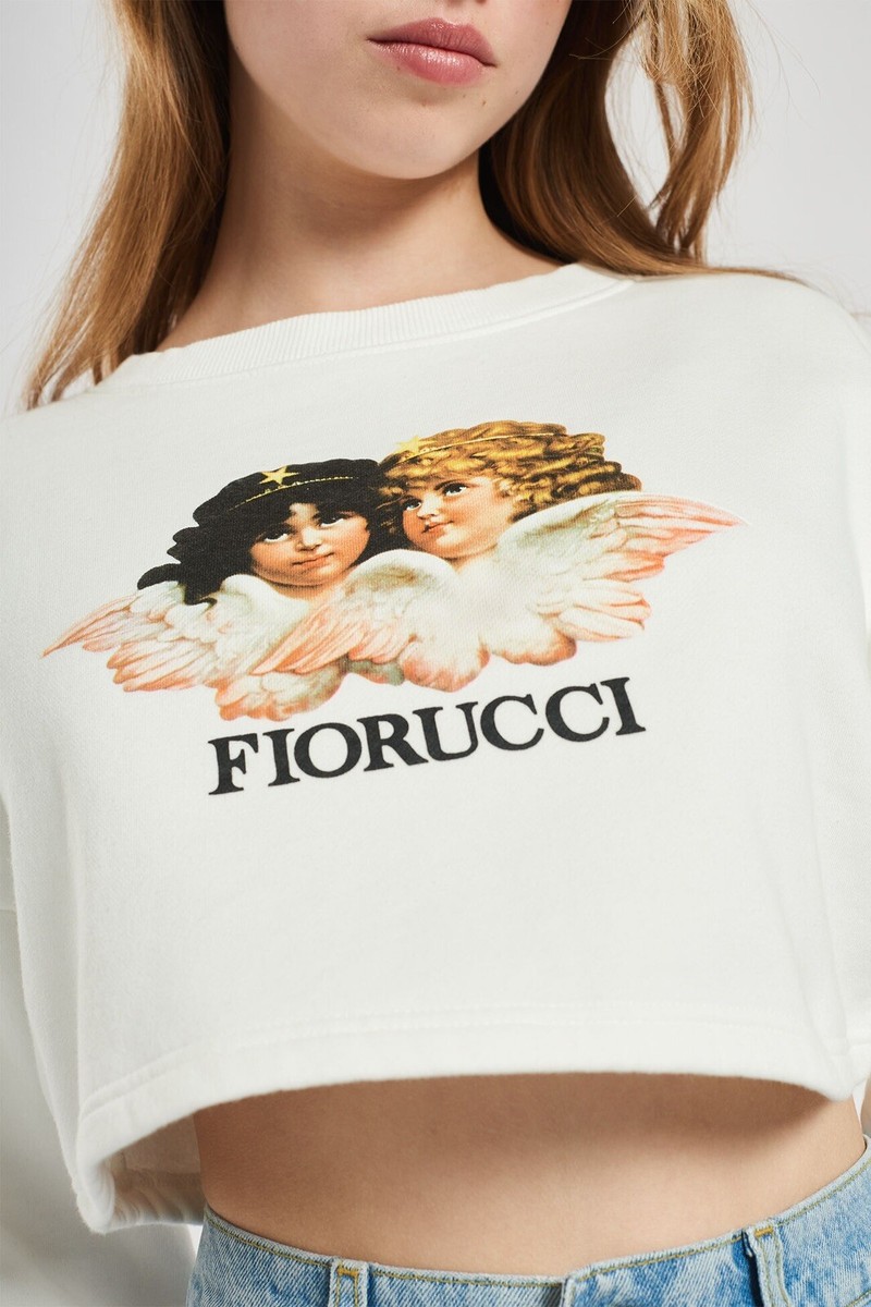 FIORUCCI Cropped Sweatshirt Top Angel Logo White Light Cream Size L