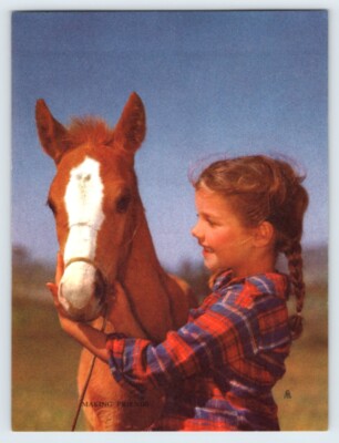 GIRL & HORSE ''MAKING FRIENDS'' BROWN & BIGELOW 4.5''x6'' ART PRINT 1950's M562