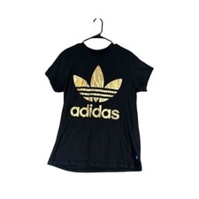 Adidas Women  s S Small Black T Shirt Metallic Gold Trefoil Graphic Casual Comfy