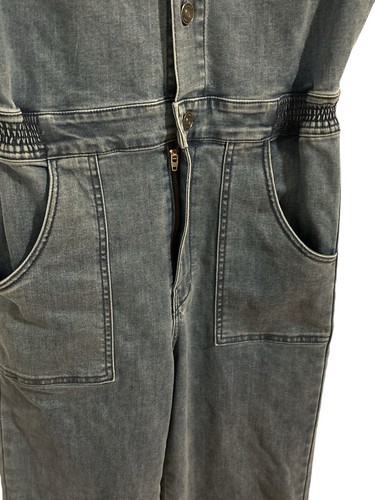 The Roxie Denim Jumpsuit KanCan Size L Cropped Leg Partial Elastic Waist Pockets - Picture 6 of 9