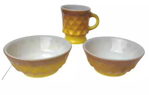 Vintage Fire King Kimberly Coffee Cup and Bowls Yellow Brown Diamond