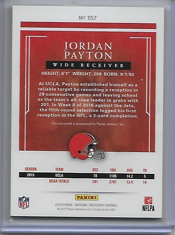 2016 National Treasures 1/1 JORDAN PAYTON rookie auto Cleveland Browns #157 - Image 2 of 2