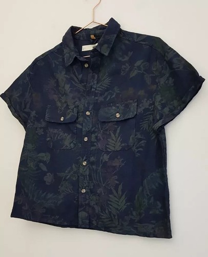 Unisex Topshop moto cotton linen dark blue floral shirt blouse size 8 - Picture 6 of 6