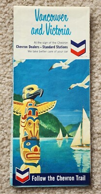 1965 Vancouver Victoria British Columbia Chevron Gas Road MAP Grant Mann 18 x 30