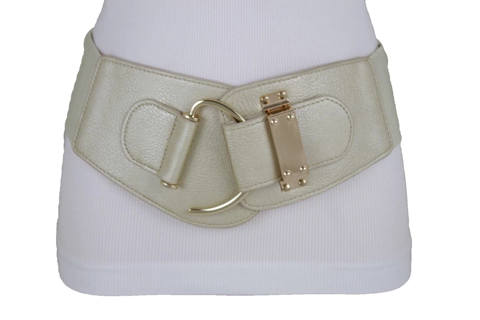 Women Metallic Cream Beige Faux Leather Wide Fashion Belt Gold Hook Buckle L XL - Image 2 of 4