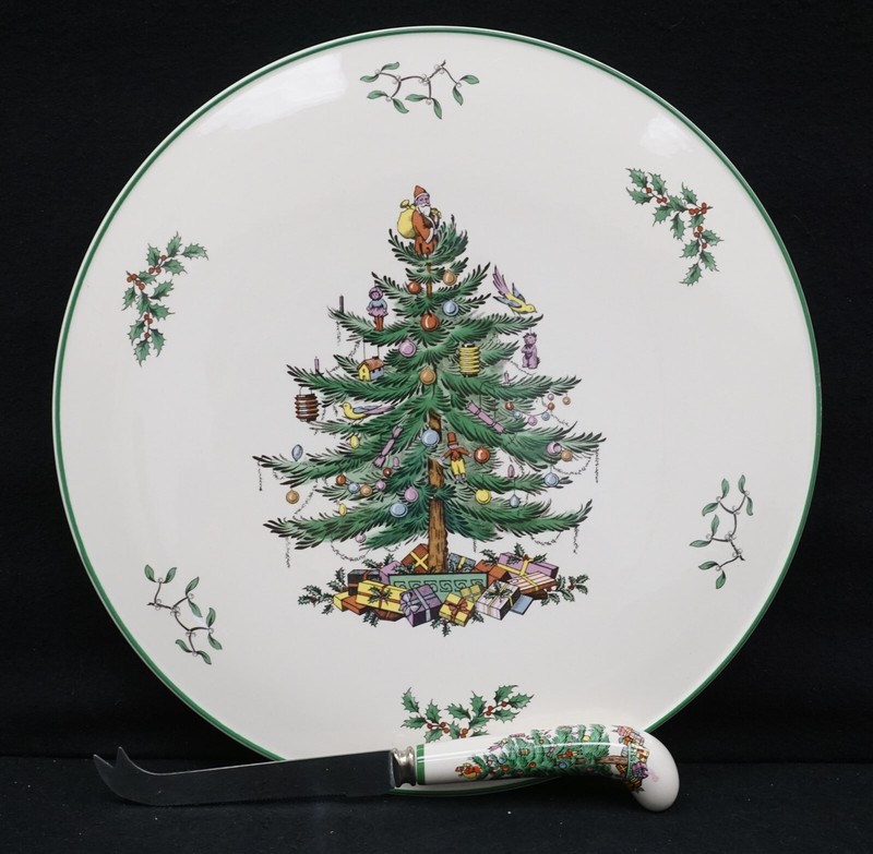 SPODE CHRISTMAS TREE Cheese Set 11" Cheese Plate & 8.5" Stainless Knife