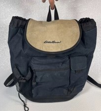 Vintage Eddie Bauer Navy Blue Backpack Diaper Bag Pig Skin Flap Canvas 15" NICE