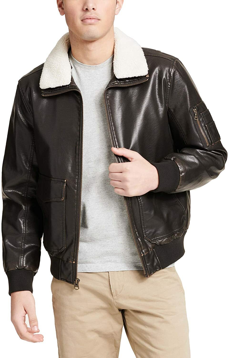 Buy Dockers Men's Maverick Faux Leather Sherpa Collar Aviator Bomber