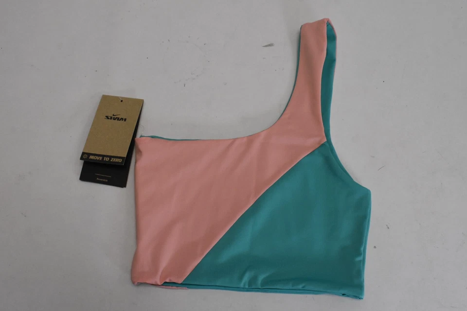 Top de bikini reversible 3 en 1 Nike Swim para mujer color bloque verde azulado y rosa S $41 Foto 3 de 4