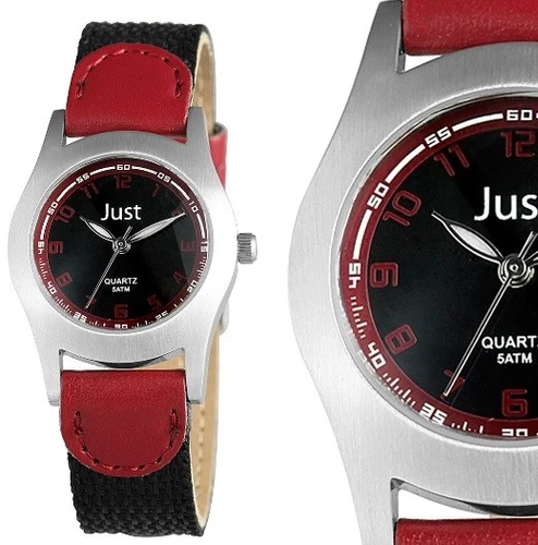 Ladies' Wristwatch Sport Beach Black/Silver/Red Textile/Faux Leather JU10161 JUST