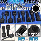 US PRO Impact Spline Bit Sockets Set 1/2" Drive Impact M5 - M18 Spline Key CR-MO