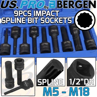 US PRO Impact Spline Bit Sockets Set 1/2" Drive Impact M5 - M18 Spline Key CR-MO