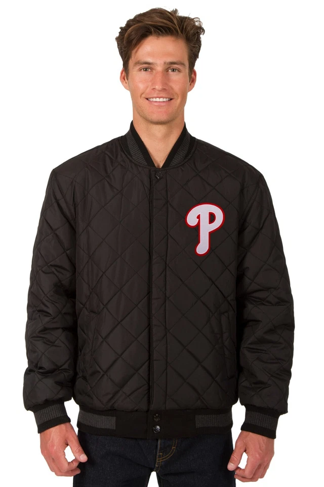 MLB Philadelphia Phillies Wool Leather Reversible Jacket Two Front Logos Black - Image 3 of 4