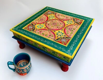 SECOND NATURE ONLINE Small Coffee Table Lime Green Wooden Indian Bajot Hand Painted Ethnic Furniture